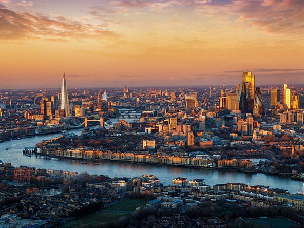 Aerial view of London skyline and the Thames